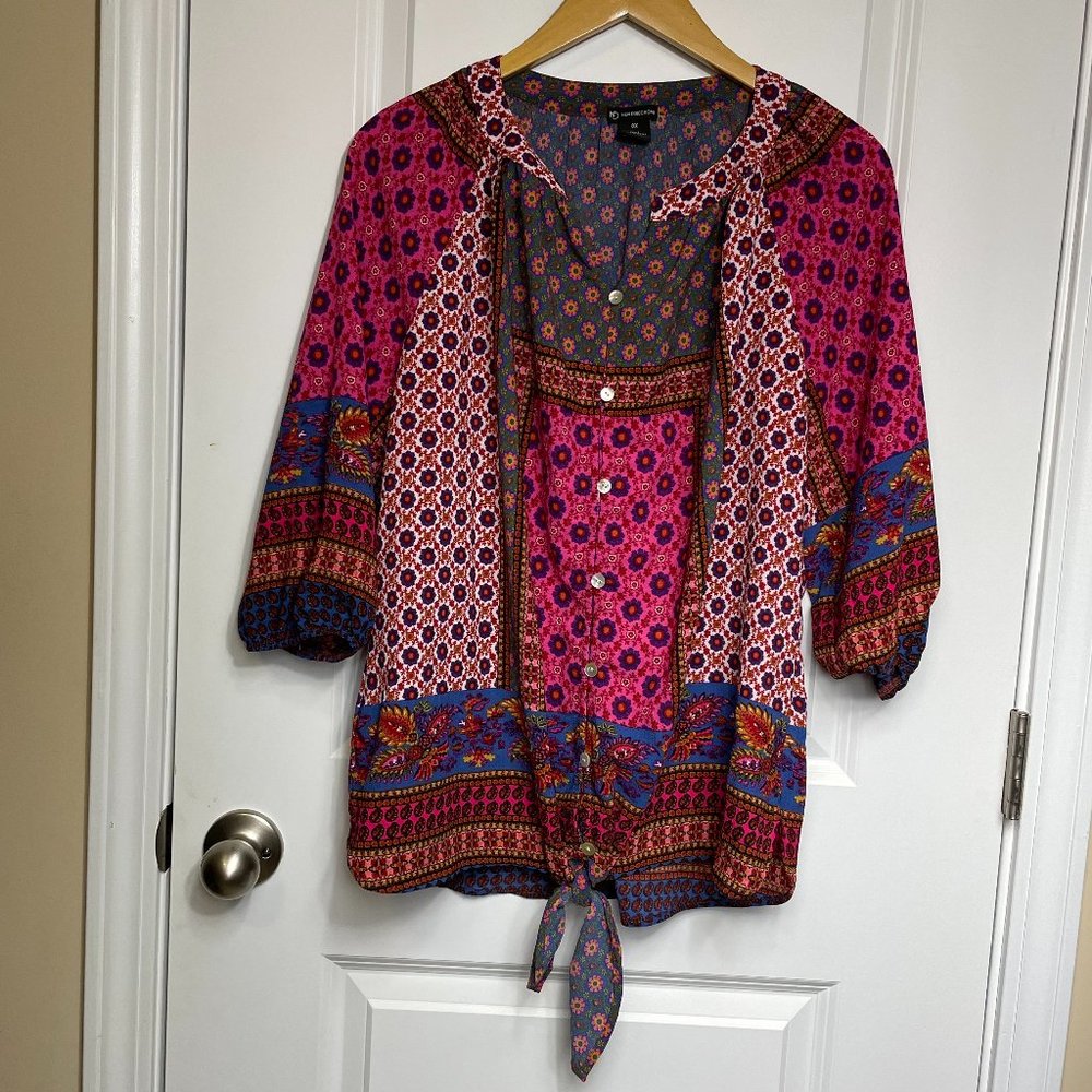 New Directions Boho Patchwork Floral Blouse Top